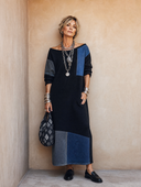 Women's Retro Long-Sleeved Cotton Patchwork Denim Long-Sleeved Maxi Dress ZMZ0330H0SWL