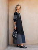 Women's Retro Long-Sleeved Cotton Patchwork Denim Long-Sleeved Maxi Dress ZMZ0330H0SWL