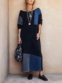 Women's Retro Long-Sleeved Cotton Patchwork Denim Long-Sleeved Maxi Dress ZMZ0330H0SWL