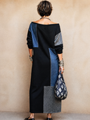Women's Retro Long-Sleeved Cotton Patchwork Denim Long-Sleeved Maxi Dress ZMZ0330H0SWL
