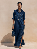 Women's Classic Textured Navy Blue Acetate Side-slit Long-sleeved Maxi Dress ZMZ0320H7SWL