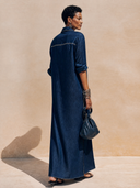 Women's Classic Textured Navy Blue Acetate Side-slit Long-sleeved Maxi Dress ZMZ0320H7SWL