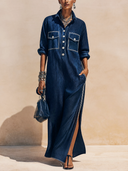 Women's Classic Textured Navy Blue Acetate Side-slit Long-sleeved Maxi Dress ZMZ0320H7SWL