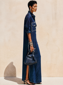 Women's Classic Textured Navy Blue Acetate Side-slit Long-sleeved Maxi Dress ZMZ0320H7SWL