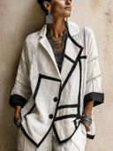 Women's Retro-style Cotton And Linen Color-blocked Two-button Long-sleeved Jacket ZMZ0326H9SWL