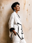 Women's Retro-style Cotton And Linen Color-blocked Two-button Long-sleeved Jacket ZMZ0326H9SWL