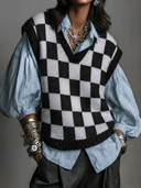 Women's Casual Color-Block Checkerboard Knit Crew-Neck Pullover Vest ZMZ0304H3ZJY