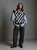 Women's Casual Color-Block Checkerboard Knit Crew-Neck Pullover Vest ZMZ0304H3ZJY