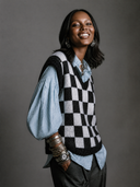 Women's Casual Color-Block Checkerboard Knit Crew-Neck Pullover Vest ZMZ0304H3ZJY
