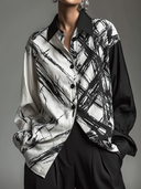 Women's Casual Color-blocked Print Loose-fitting Lapel Long-sleeved Shirt ZMZ0335H8ZJY