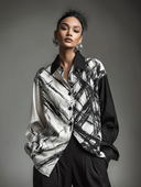 Women's Casual Color-blocked Print Loose-fitting Lapel Long-sleeved Shirt ZMZ0335H8ZJY