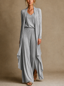 Women's Solid Color Blended Fabric Long Cardigan Vest And Wide-Leg Pants Three-Piece Set ZMZ3071G9XT