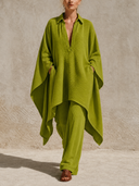 Women's Solid Color Asymmetrical Cape-sleeve Top And Wide-leg Pants Two-piece Set ZMZ2726G2XT