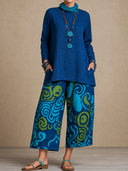 Women's Vintage Cotton-Linen Long-Sleeve Shirt And Ethnic-Print Pants Set ZMZ0425H7ZJY
