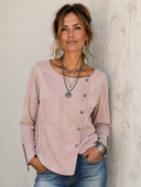 Women's Vintage-style Light Pink Faux Suede Long-sleeve Button-up Top ZMZ0413H7SWL