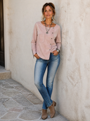 Women's Vintage-style Light Pink Faux Suede Long-sleeve Button-up Top ZMZ0413H7SWL