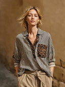 Women's Retro Casual Leopard Print Striped Loose Long-Sleeve Shirt ZMZ0436H1ZJY