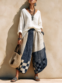 Women's Fashionable Crinkled Ice Silk V-Neck Long-Sleeve Top And Printed Cropped Wide-Leg Pants Set ZMZ0496H9SWL