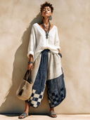 Women's Fashionable Crinkled Ice Silk V-Neck Long-Sleeve Top And Printed Cropped Wide-Leg Pants Set ZMZ0496H9SWL