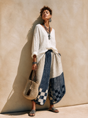Women's Fashionable Crinkled Ice Silk V-Neck Long-Sleeve Top And Printed Cropped Wide-Leg Pants Set ZMZ0496H9SWL