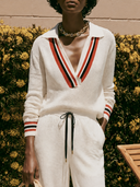 Women Preppy Collared V‑Neck Knit Top, Color Block Striped Cuff Long Sleeve Casual Blouse ZMZ0411H3YZH