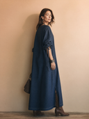 Women's Vintage Dark Blue Tencel Denim V-Neck Maxi Dress ZMZ0418H7SWL