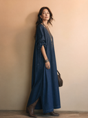 Women's Vintage Dark Blue Tencel Denim V-Neck Maxi Dress ZMZ0418H7SWL