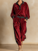 Women's Retro Casual Color-Block Corduroy Sweatshirt And Pants Set ZMZ0485H0ZJY