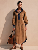 Women's Vintage Brown Faux Suede Color-Block Long-Sleeve Midi Dress ZMZ0367H2SWL