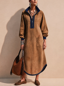 Women's Vintage Brown Faux Suede Color-Block Long-Sleeve Midi Dress ZMZ0367H2SWL