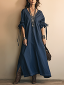 Women's Vintage Dark Blue Tencel Denim V-Neck Maxi Dress ZMZ0418H7SWL