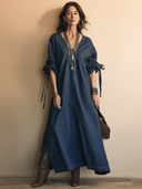 Women's Vintage Dark Blue Tencel Denim V-Neck Maxi Dress ZMZ0418H7SWL