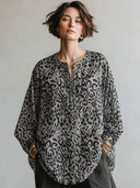 Women's Vintage Casual Leopard Print Cotton-Linen Henley Neck Long-Sleeve Loose Shirt ZMZ0419H1ZYY