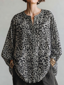 Women's Vintage Casual Leopard Print Cotton-Linen Henley Neck Long-Sleeve Loose Shirt ZMZ0419H1ZYY