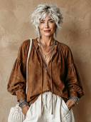 Women's Retro-Style Casual V-Neck Faux Suede Lantern Sleeves Loose Shirt ZMZ0402H0ZYY