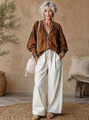 Women's Retro-Style Casual V-Neck Faux Suede Lantern Sleeves Loose Shirt ZMZ0402H0ZYY