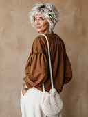 Women's Retro-Style Casual V-Neck Faux Suede Lantern Sleeves Loose Shirt ZMZ0402H0ZYY