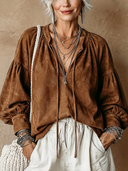 Women's Retro-Style Casual V-Neck Faux Suede Lantern Sleeves Loose Shirt ZMZ0402H0ZYY