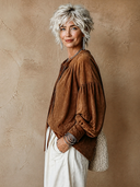 Women's Retro-Style Casual V-Neck Faux Suede Lantern Sleeves Loose Shirt ZMZ0402H0ZYY