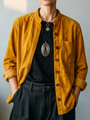 Women's American Retro Casual Faux Suede Stand Collar Long-Sleeve Shirt ZMZ0425H0ZYY
