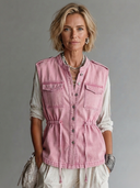 Women's Vintage-Style Stand Collar And Single-Breasted Closure Washed Denim Vest ZMZ3040G6ZYY