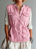 Women's Vintage-Style Stand Collar And Single-Breasted Closure Washed Denim Vest ZMZ3040G6ZYY