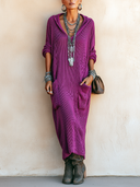 Women's Autumn Fashion Purple High-Stretch Knit V-Neck Hooded Maxi Dress ZMZ0497H8SWL