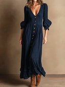 Women's Retro Casual Knitted Ribbed Ruffled V-Neck Long Sleeve Maxi Dress ZMZ0581H8ZJY