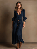 Women's Retro Casual Knitted Ribbed Ruffled V-Neck Long Sleeve Maxi Dress ZMZ0581H8ZJY