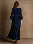 Women's Retro Casual Knitted Ribbed Ruffled V-Neck Long Sleeve Maxi Dress ZMZ0581H8ZJY
