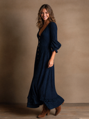 Women's Retro Casual Knitted Ribbed Ruffled V-Neck Long Sleeve Maxi Dress ZMZ0581H8ZJY