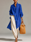 Women's Loose Solid-Color Linen Long-Sleeve Midi  Dress ZMZ0477H3XT