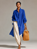 Women's Loose Solid-Color Linen Long-Sleeve Midi  Dress ZMZ0477H3XT
