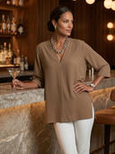 Women V‑Neck 3/4 Sleeve Tunic Top, Side Slit Loose Tunic Blouse, Casual Office Wear ZMZ0456H9YZH